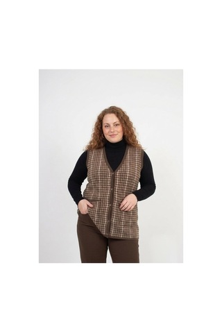 Onno Style Women Büyük Beden Kazayağı Desen Renkli Çelik Örgü Triko Kadın Yelek Kahverengi