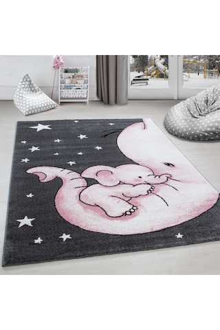 Yıldız Ve Fil Desenli Çocuk Halısı Gri-pembe-beyaz Gri - Pembe