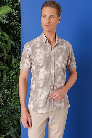 Efor Slim Fit Düğmeli Yaka Batik Desenli Kısa Kol Pamuk Bej Gömlek G 1502 Bej