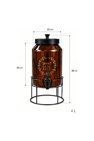 4 Litre Amber Cam Sebil Standlı Dispenser Musluklu İçecek Sunumluk Şerbetlik Kahverengi