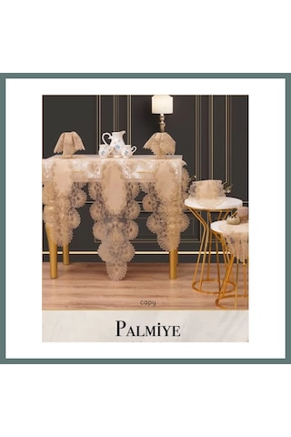 Ventra Kapiçino Palmiye Model 5 Parça Keten Masa Örtüsü Runner Seti Salon Takımı Ventra