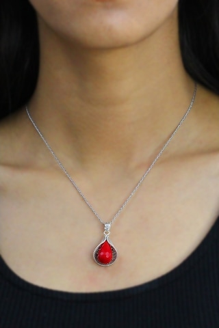Mercan Taşlı Zambak Model Telkari Gümüş Kolye (515907218)