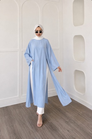 Unika Boutique Kadın Uzun Yırtmaçlı Abaya Tunik mavi