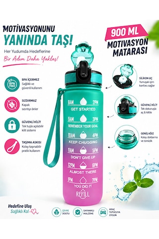 900 Ml Motivasyon Matarası Sızdırmaz, Kilitli, Silikon Uçlu, Taşıma Askılı, Geniş Ağızlı Su Matarası Turkuaz