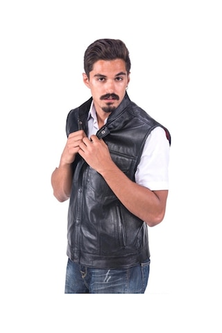 Dericlub E-04 Gür Gerçek Deri Erkek Yelek Siyah