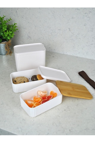 Zebra 3'lü Bambu Kapaklı Lunch Box 1 Lt + 2x 0,50 Lt- Kare Lastikli Saklama Kabı Seti Krem