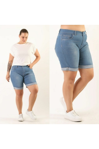 Kadın Büyük Beden Duble Paça Kot Şort Mavi Açık Mavi