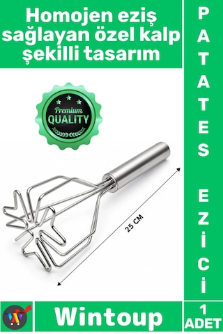 Patatesezici Profesyonel Ergonomik Püre Yapıcı Metal Kalp Şekil Paslanmaz Çelik Patates Ezici 25 Cm