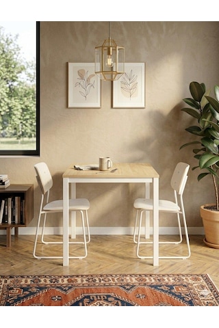Kompakt Yemek Masası 72x88 Cm Beyaz Metal Gövde & Ahşap Desenli Üst Tabla
