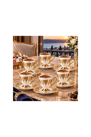 6 Lı Ayaklı Porselen Kahve Fincanı Takımı Siyah Gold Desenli 6 Kişilik Şık Sunum Seti Altın