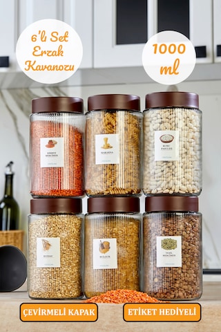 6'lı Çizgili Kalın Cam Kavanoz Erzak Bakliyat Saklama Kavanozu Seti 1000 Ml Cam - Şeffaf