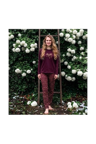 Pijamoni Kadın Sofya Kumaş Bisiklet Yaka Pijama Takımı Bordo