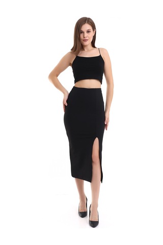 Winmoda34 Kadın Uzun Pamuklu Etek Yırtmaçlı Siyah