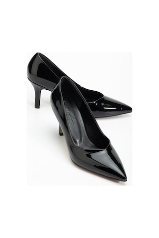 Büyük Beden Kadın Stiletto İnce Topuklu Ayakkabı Siyah Rugan V Yüzlü-4287 Siyah