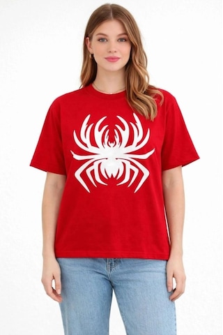 Freedom Storee Kadın Örümcek Baskılı Tişört Kısa Kollu Bisiklet Yaka T-shirt - Kırmızı Çok Renkli