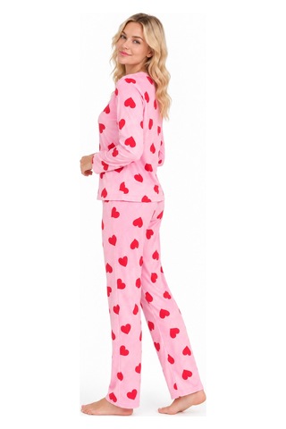 Sleeeproom Kadın Süet Mevsimlik Kalp Desen Pudra Pijama Takımı Kırmızı - Pembe