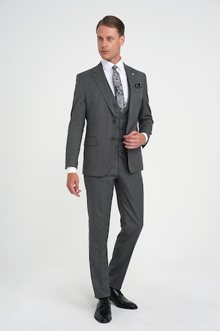 Efor Slim Fit Çift Yırtmaç Balıksırtı Desenli Yelekli Füme Takım Elbise Tk 923 Füme