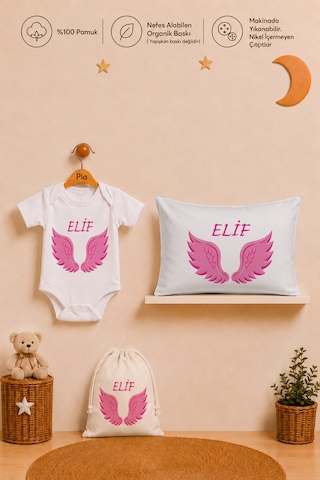 Pia Baby Kız Bebek İsme Özel Hediye Seti %100 Pamuk Body Yastık Kılıfı Ve Ham Bez Bebek Kıyafet Kesesi 2055bykyx Ekru