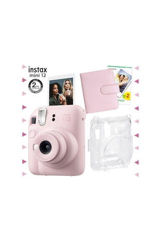Fujifilm Instax Mini 12 Fotoğraf Makinesi + 20'li Film + Kare Albüm + Şeffaf Kılıf Seti Pembe