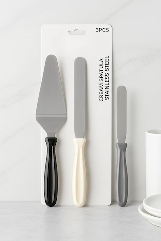 Qerhome 3'lü Pasta Spatula Seti, Paslanmaz Çelik, Siyah-beyaz-gri Saplı, Krem Sürme Ve Dekorasyon İçin Renkli