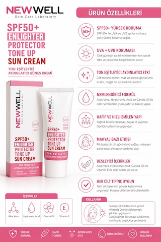 New Well Spf50+ Enlighter Protector Tone Up Sun Cream 50 Ml Ton Eşitleyici Aydınlatıcı Güneş Kremi Uva Uvb & Nemlendirici Etkili