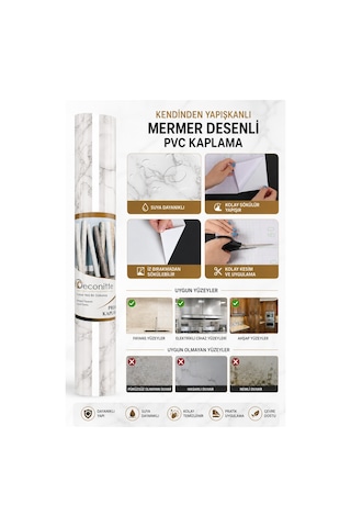 Deconitte Kendinden Yapışkanlı Beyaz Mermer Desenli Pvc Kaplama Folyo Tezgah Masa Dolap 60x100cm