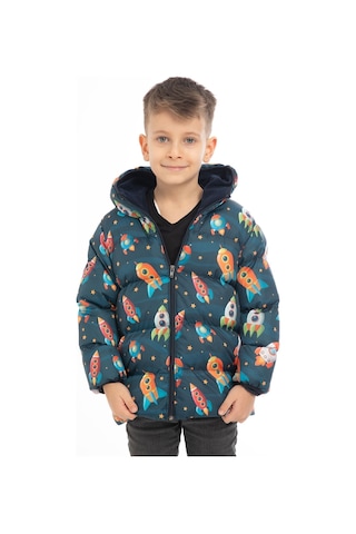 Erkek Çocuk Içi Polarlı Kapüşonlu Roket Desenli Kışlık Şişme Mont Lacivert