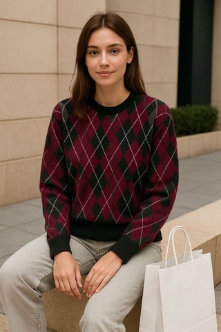 Hira Life Fashion Kadın Şardonlu Bisiklet Yaka Ve Baklava Desenli Triko Uzun Kazak Bordo Bordo