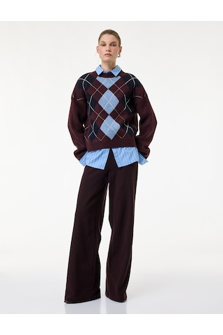 Koton Koton X Melis Ağazat - Regular Fit Uzun Geniş Paça Pantolon Bordo 6wak40121ek