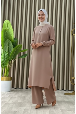 Tesettür İkili Takım Uzun Tunik Bol Paça Pantolon 4006-bej Bej