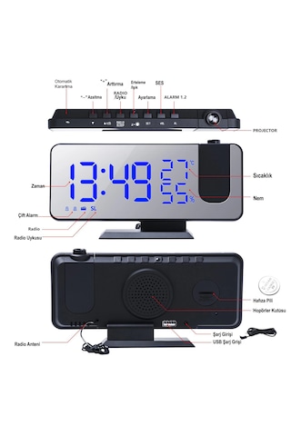 Projeksiyonlu Masa Saati Çift Alarm Fm Radyo Sıcaklık & Nem Ölçer, Aynalı Dijital Saat Şarjlı Siyah