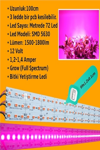 Grow Led 72ledli 12v5630 Full Spectrum Bitki Yetiştirme Ledi 1mt.