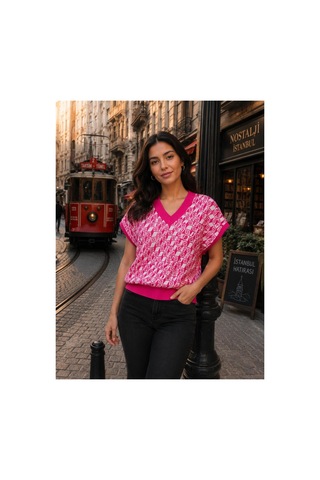 Hira Life Fashion Sfg Life Moda Kadın V Yaka Kare Desenli Şık Süveter Pembe Pembe