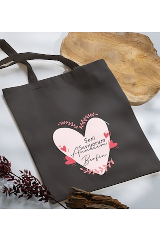 Bk Gift Kişiye Özel İsimli Anneler Günü Tasarımlı Antrasit Kumaş Bez Çanta, Baskılı Omuz Çantası, Alışveriş Çantası, Anneler Günü Hediyesi, Anneye Hediye-10 Sarı