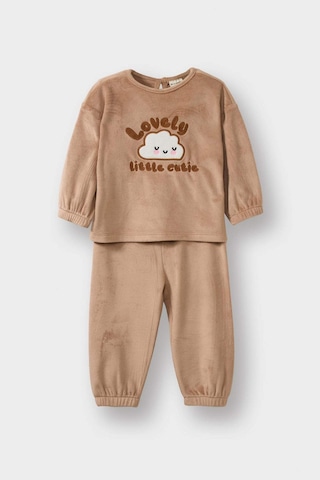 Defacto Kız Bebek Pijama Takımı Bulut Baskılı Uzun Kollu Welsoft Pelüş Üst Uzun Alt G1527a525wnbg400 Bej-bg400