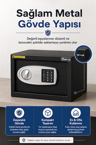 Elektronik Şifreli Çelik Kasa Duvar Ve Zemin Montajlı, Acil Anahtarlı, 9 Litre - Siyah