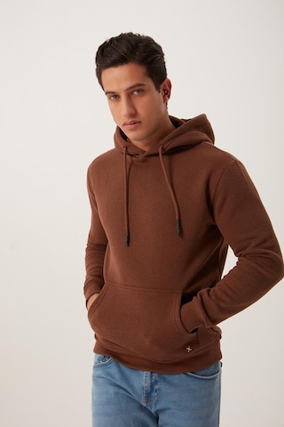 Erkek Kapüşonlu Kanguru Cep 3 İplik Sweatshirt Kahverengi