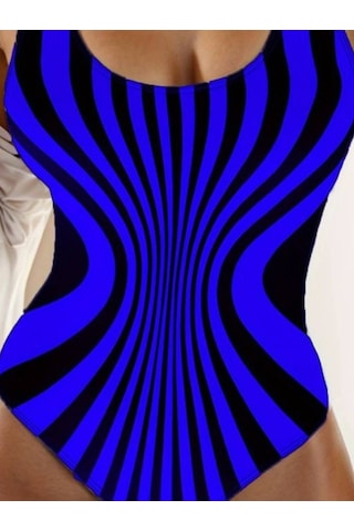 Hazego Kadın Yuvarlak Yaka Askılı Zebra Desen Baskılı Dalgıç Mayo Mavi