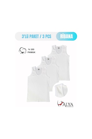 Alya Underwear Erkek Çocuk Pamuk Ribana Atlet Oval Yaka 3'lü Paket Beyaz-t05