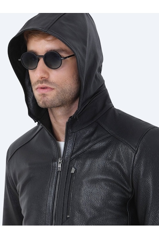 Kip Siyah Regular Fit Kapüşonlu Smart Casual Koyun Derisi Deri Mont