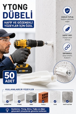 50 Adet Ytong Dübeli Gazbeton, Bims Ve Gözenekli Yüzeyler İçin Güçlü Tutuşlu Plastik Dübel