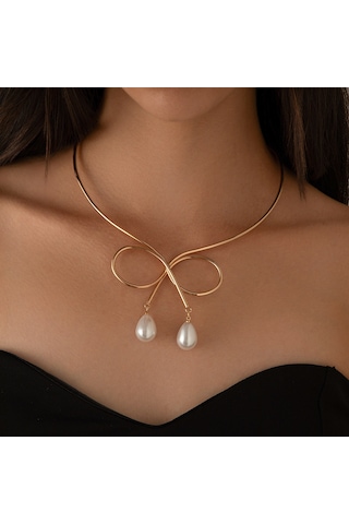 Takı Punk Metal Düz Halka Fiyonk Kolye Kadın Tatlı Serin Su Damlası İmitasyon İnci Gerdanlık Kolye Diğer