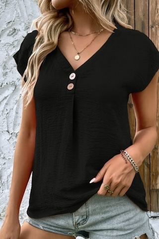 Kadın Kısa Kollu V Yakalı Düğmeli Keten Bluz Karışık