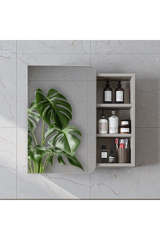 Likya Kulpsuz Tek Kapaklı Açık Raflı Aynalı Mdflam 70 Cm Aynalı Banyo Üst Dolabı Kumtaşı