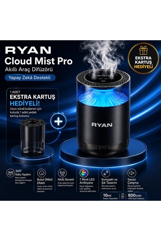 Cloud Mist Pro Akıllı Araç Difüzörü 360 Koku Yayılımı Nano Mist Teknolojisi 7 Renk Led 800 Mah Şarjlı Ekstra Kartuş li
