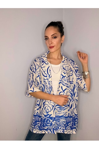 Ali Butik Mavi Yaprak Desenli Fakir Kol Keten Gömlek Beyaz/mavi