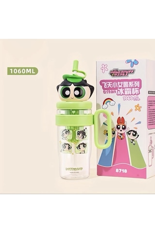 Wangxi Powerpuff Kızlar Buttercup Yeşili Blossom Su Bardağı Pipetli Kapaklı 37oz Ice King Kupa Sızdırmaz Seyahat Matarası Ahşap