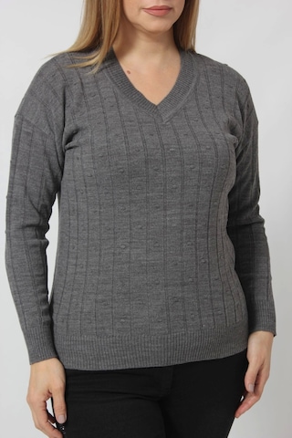 Y6328 Fındık Örgü Detaylı Triko Kazak Gri