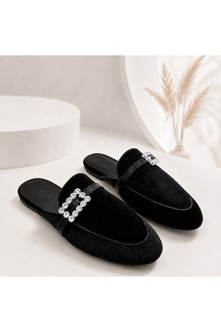 Dabab Shoes Marıgold Kadın Taşlı Tokalı Siyah Kadife Görünümlü Kapalı Burun Düz Taban Mule Terlik
