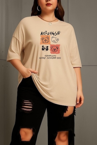 Büyük Beden Aef Ayıcık Baskılı Unisex Tişört Bej